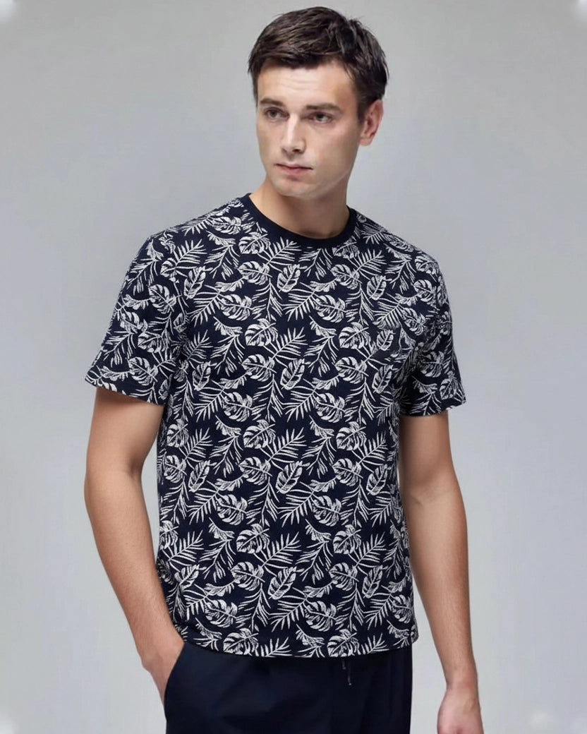 Men’s Black Tropical Leaf Print T-Shirt