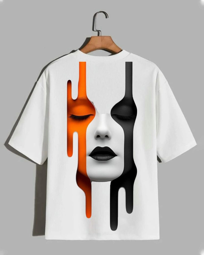 Modern Abstract Face Art Graphic Printed White T-Shirt