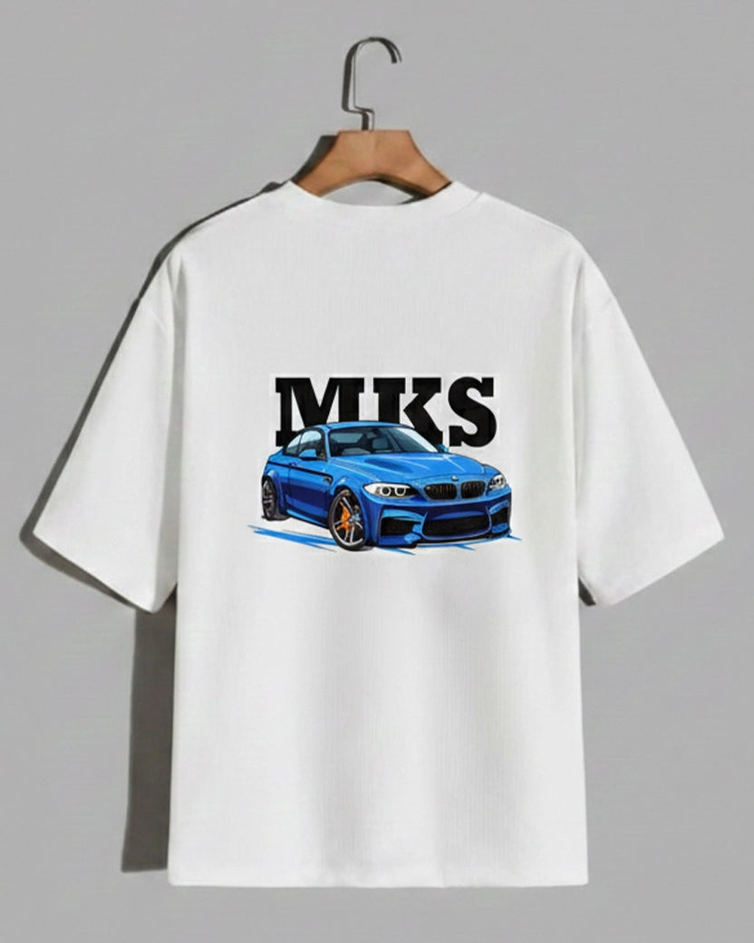 BMW MKS Blue Sports Car Graphic Printed White T-Shirt