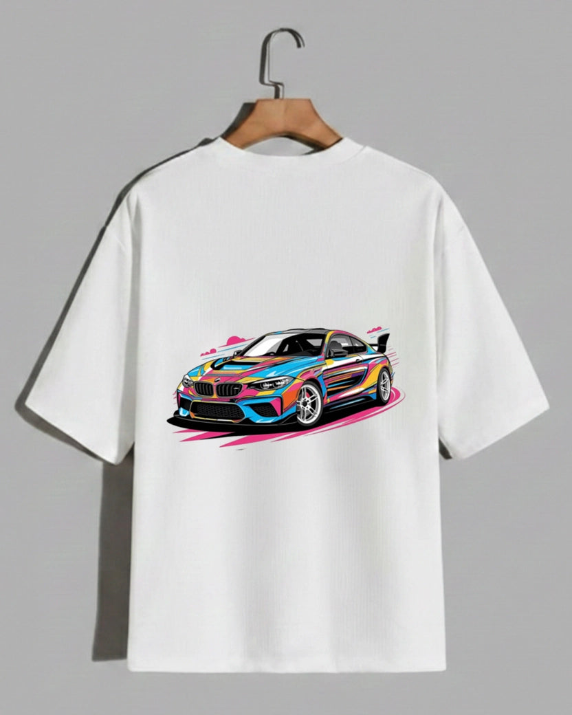 BMW Colorful Racing Car Graphic Printed White T-Shirt