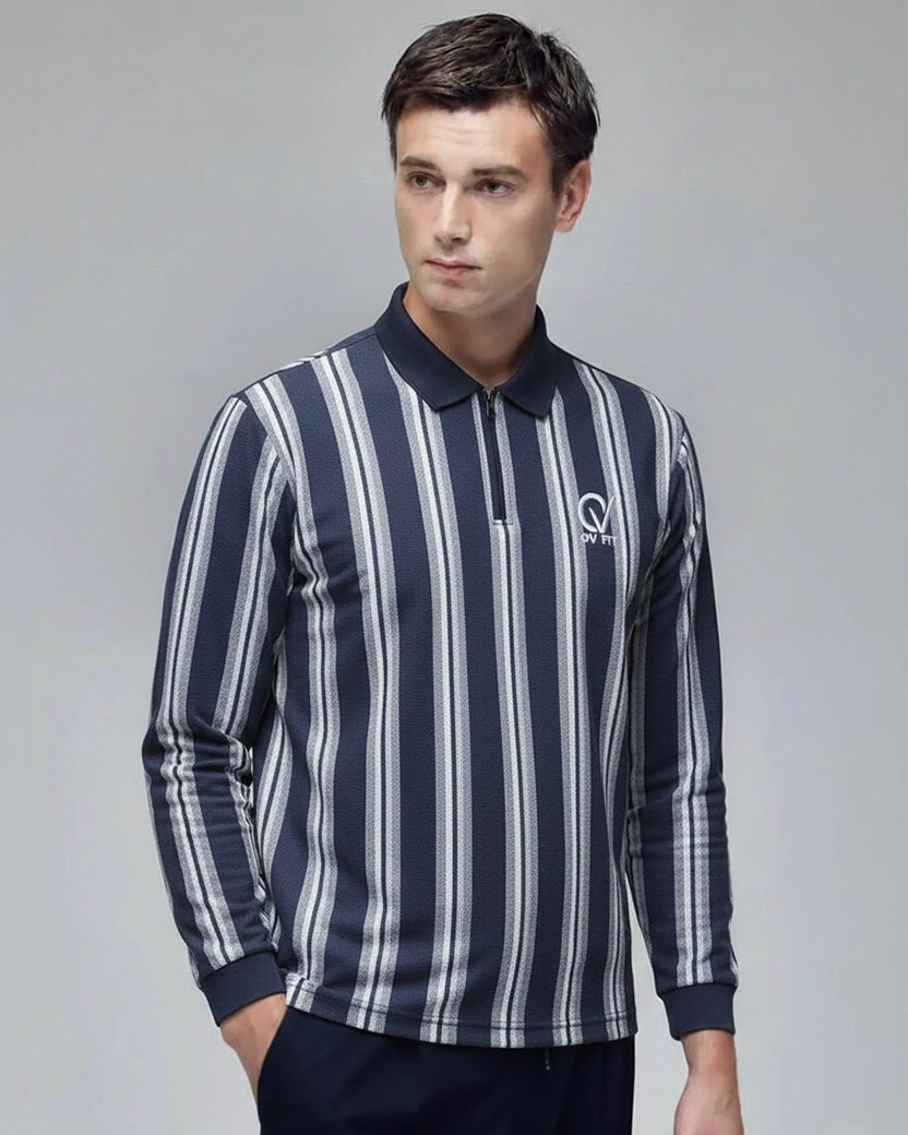 Men’s Full Sleeve Striped Polo T-Shirt – Premium Casual Wear